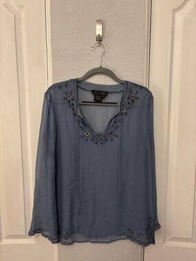 Vintage Y2K Blue 100% Silk Beaded And Embroidered Tunic Floral Print Size 10